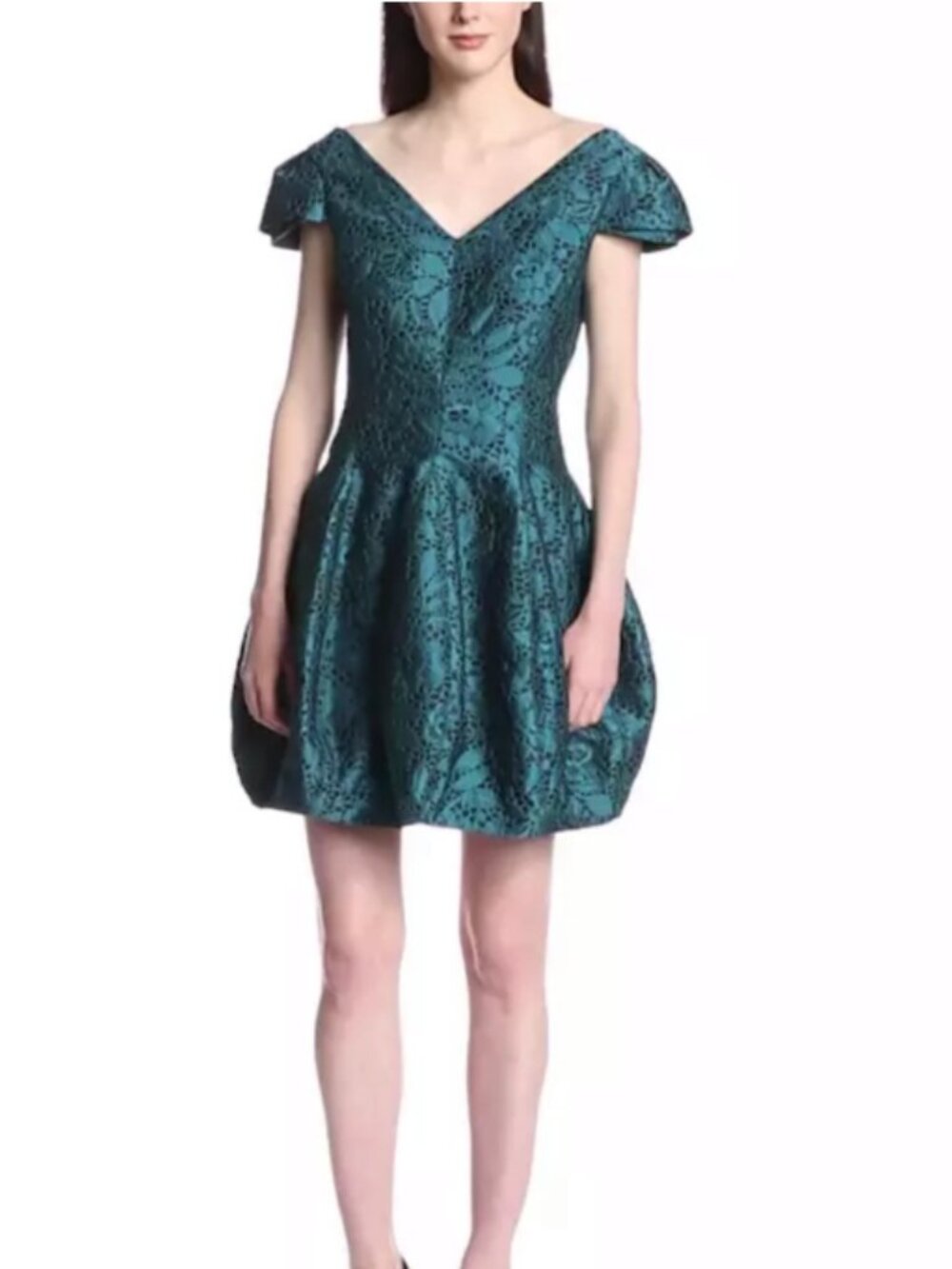Halston Heritage Teal Lace Fit-and-Flare Bubble Jacquard Mini Dress
